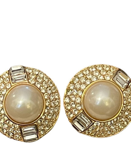 Vintage 1980s Chunky OSCAR DE LAURENTA gold finish faux pearl crystal earrings
