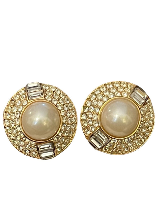 Vintage 1980s Chunky OSCAR DE LAURENTA gold finish faux pearl crystal earrings