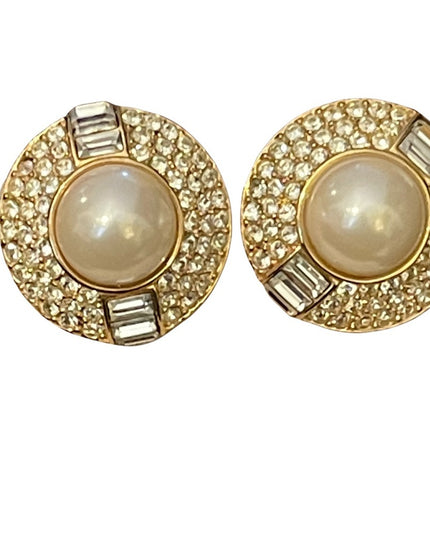Vintage 1980s Chunky OSCAR DE LAURENTA gold finish faux pearl crystal earrings