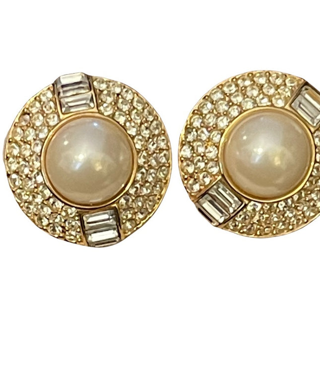 Vintage 1980s Chunky OSCAR DE LAURENTA gold finish faux pearl crystal earrings