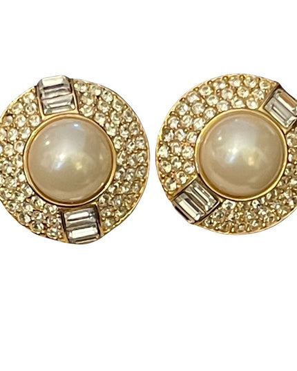 Vintage 1980s Chunky OSCAR DE LAURENTA gold finish faux pearl crystal earrings