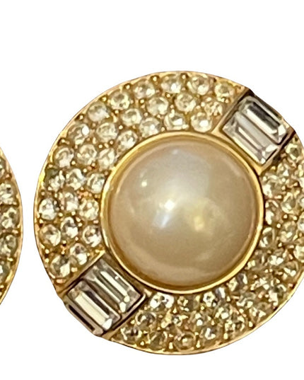 Vintage 1980s Chunky OSCAR DE LAURENTA gold finish faux pearl crystal earrings