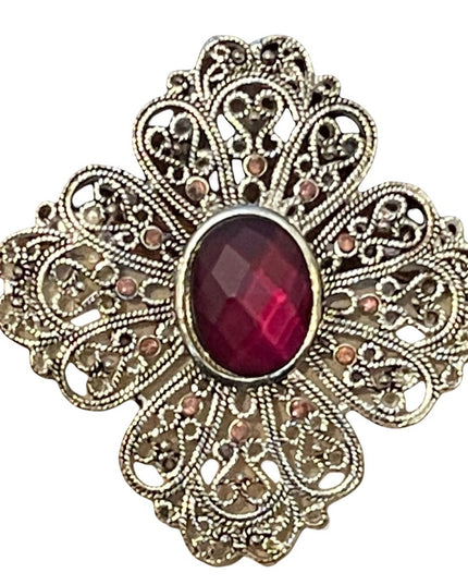Vintage brushed silver filagree metal magestic style brooch