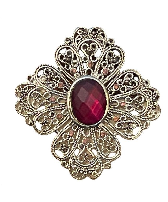 Vintage brushed silver filagree metal magestic style brooch