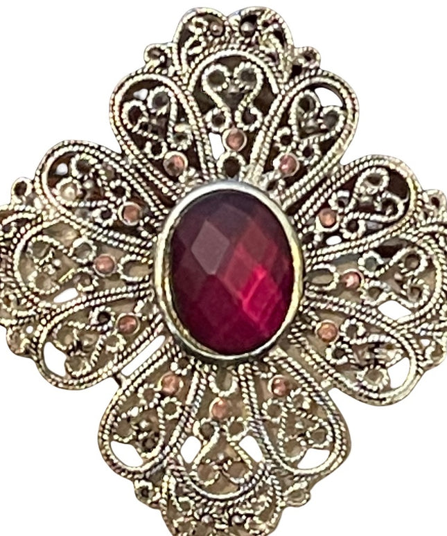 Vintage brushed silver filagree metal magestic style brooch