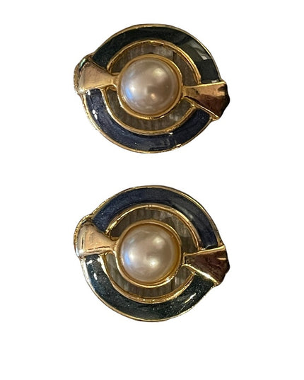 Vintage 1980s Glam Faux pearl and enamel chunky clip on earrings