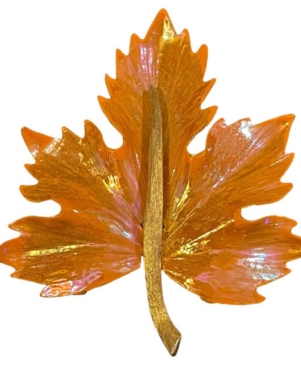 Vintage orange with brushed gold maple leaf brooch fall leaf
