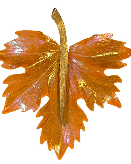 Vintage orange with brushed gold maple leaf brooch fall leaf