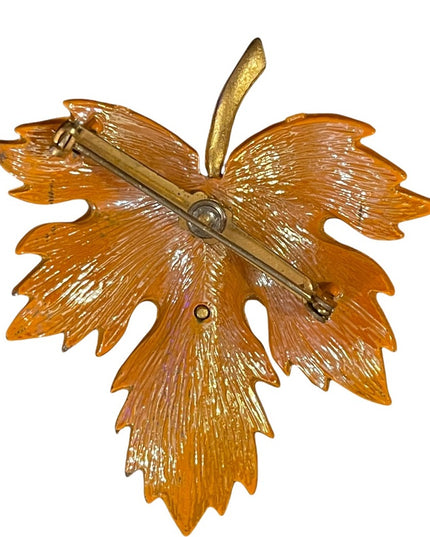 Vintage orange with brushed gold maple leaf brooch fall leaf