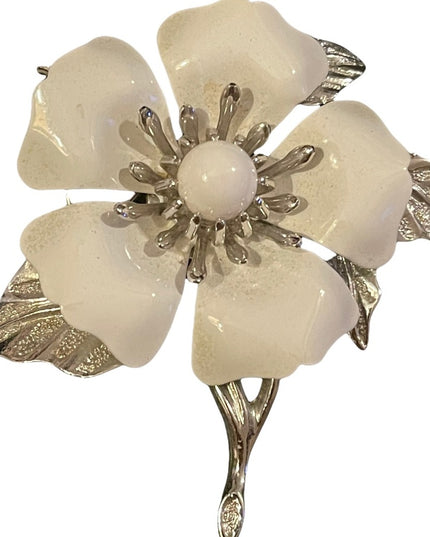 Vintage 1960s Silver metal & white enameled fancy flower brooch