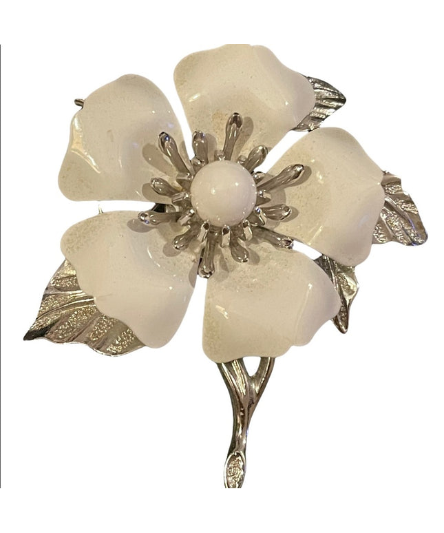 Vintage 1960s Silver metal & white enameled fancy flower brooch
