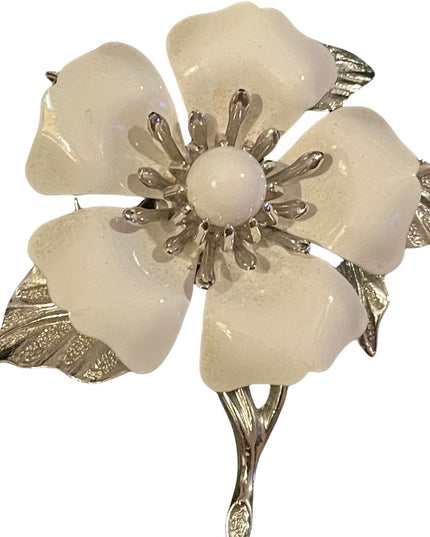 Vintage 1960s Silver metal & white enameled fancy flower brooch