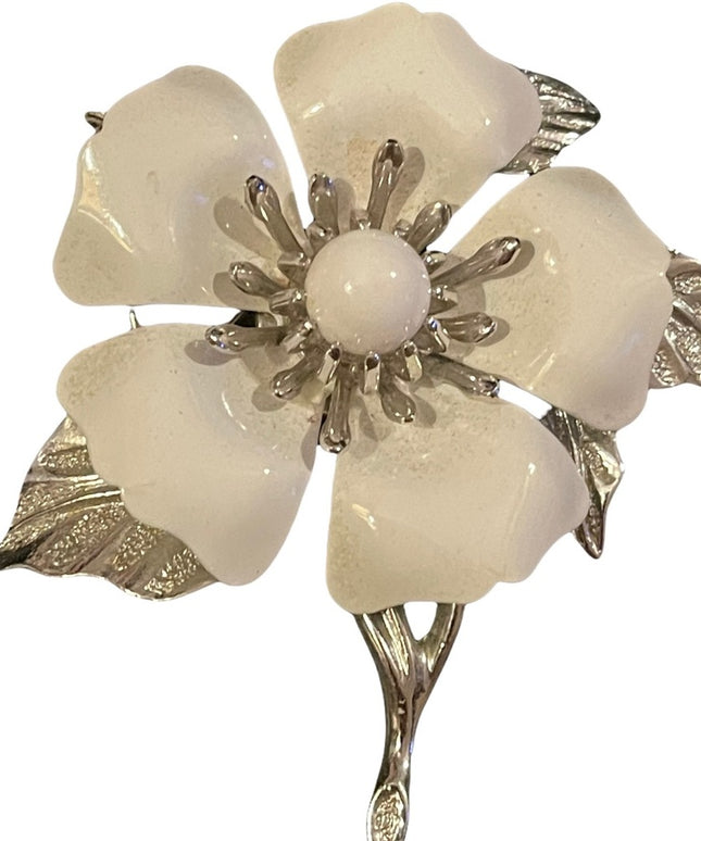 Vintage 1960s Silver metal & white enameled fancy flower brooch