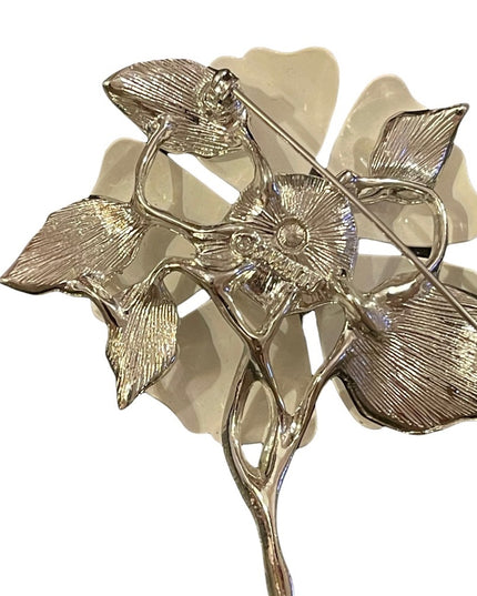 Vintage 1960s Silver metal & white enameled fancy flower brooch