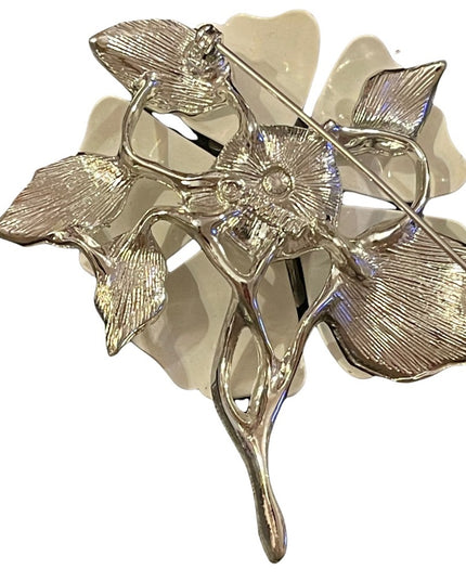 Vintage 1960s Silver metal & white enameled fancy flower brooch