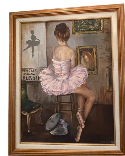 Vintage Signed RUSSIAN BALLERINA DIOR painting pink framed canvas