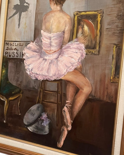 Vintage Signed RUSSIAN BALLERINA DIOR painting pink framed canvas