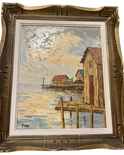 Vintage Wood frame Signed canvas nautical painting “P Kits”