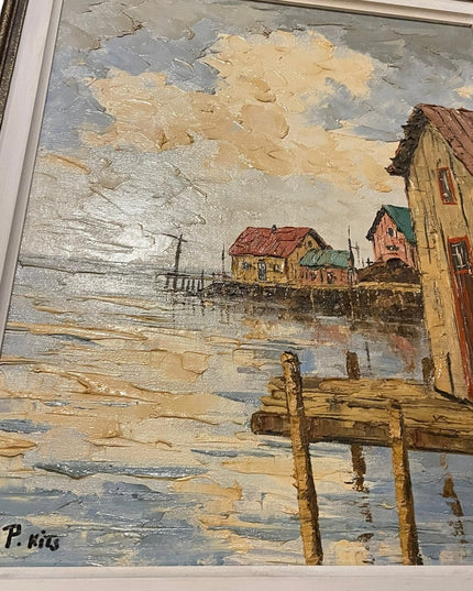Vintage Wood frame Signed canvas nautical painting “P Kits”