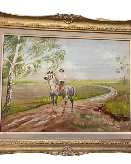 Vintage Polish unsigned oil painting Boy on a horse framed on board