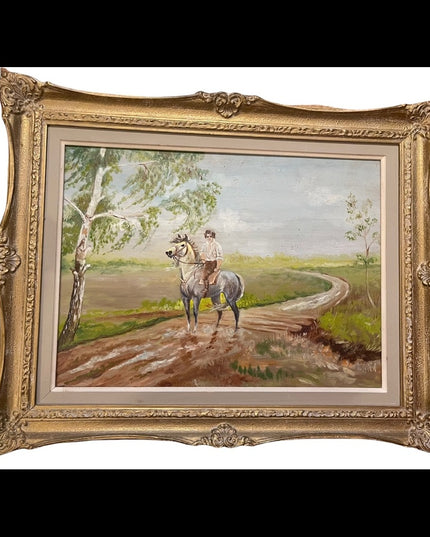 Vintage Polish unsigned oil painting Boy on a horse framed on board