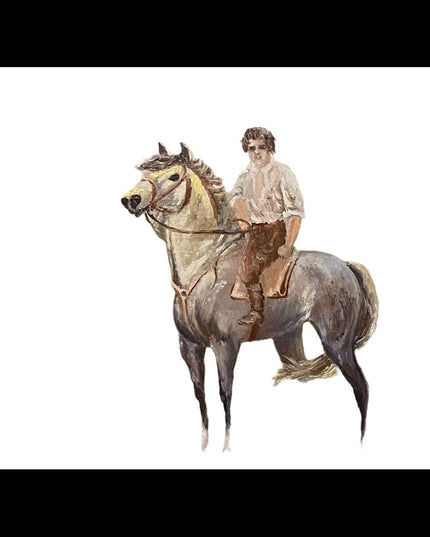 Vintage Polish unsigned oil painting Boy on a horse framed on board