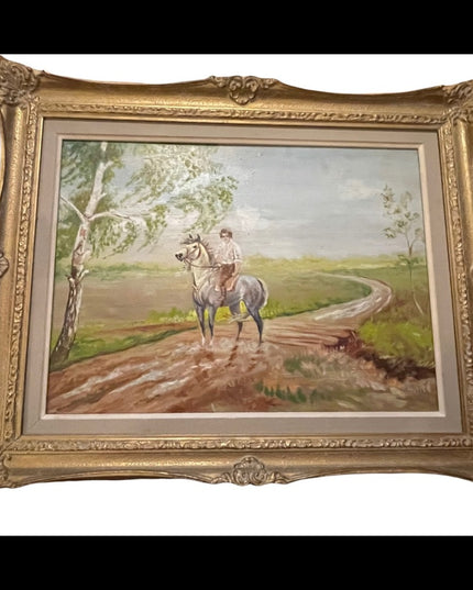 Vintage Polish unsigned oil painting Boy on a horse framed on board