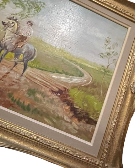 Vintage Polish unsigned oil painting Boy on a horse framed on board