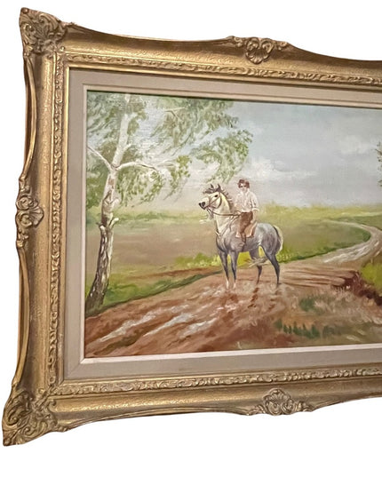 Vintage Polish unsigned oil painting Boy on a horse framed on board