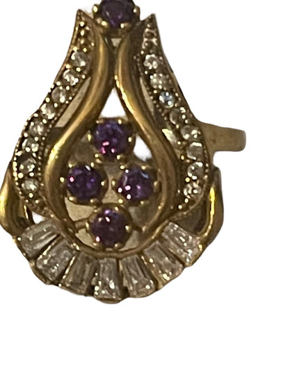 Sterling silver gold plated purple & clear crystals ring
