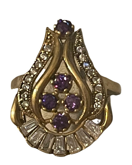 Sterling silver gold plated purple & clear crystals ring