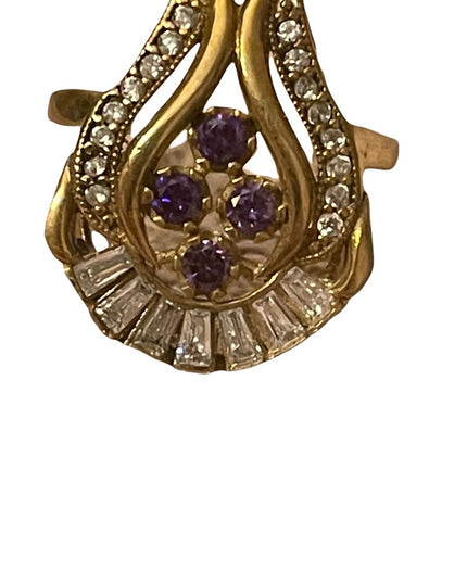 Sterling silver gold plated purple & clear crystals ring