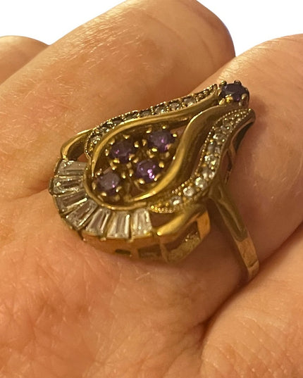 Sterling silver gold plated purple & clear crystals ring
