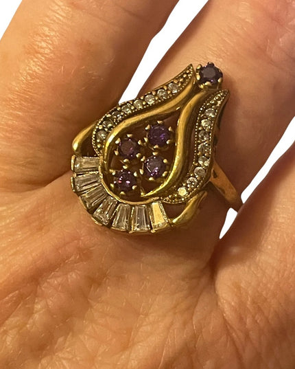 Sterling silver gold plated purple & clear crystals ring