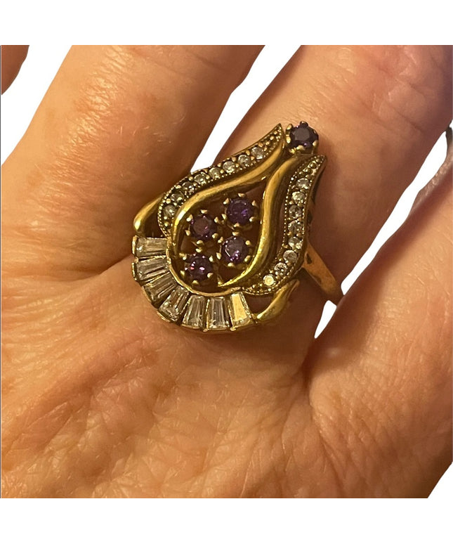 Sterling silver gold plated purple & clear crystals ring