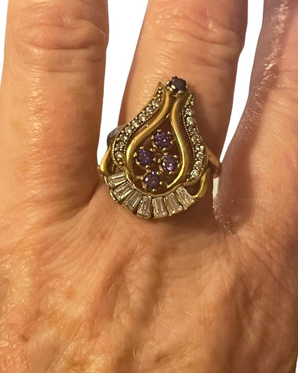 Sterling silver gold plated purple & clear crystals ring