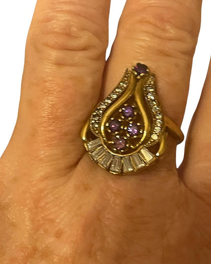 Sterling silver gold plated purple & clear crystals ring
