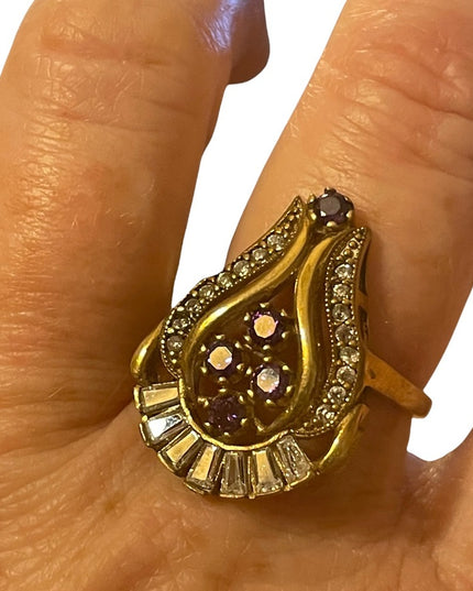 Sterling silver gold plated purple & clear crystals ring