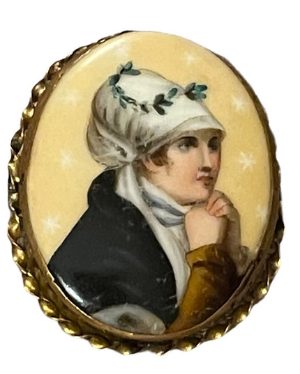 2.5 Antique Victorian Hand Painted Portrait Brooch Young Lady Prayer Gold filled