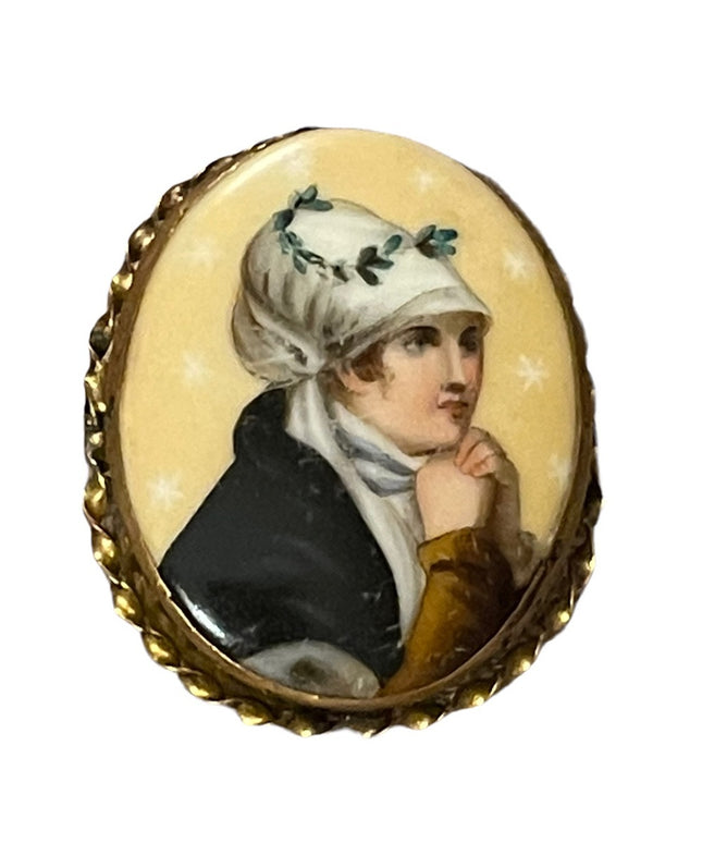 2.5 Antique Victorian Hand Painted Portrait Brooch Young Lady Prayer Gold filled