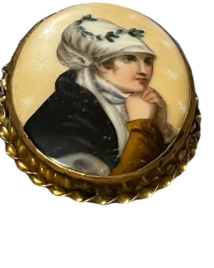 2.5 Antique Victorian Hand Painted Portrait Brooch Young Lady Prayer Gold filled