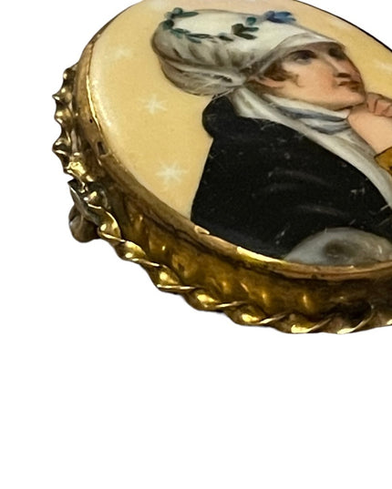 2.5 Antique Victorian Hand Painted Portrait Brooch Young Lady Prayer Gold filled