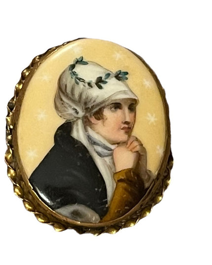 2.5 Antique Victorian Hand Painted Portrait Brooch Young Lady Prayer Gold filled