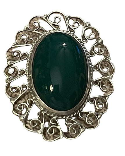Vintage sterling silver agate pendant brooch oval filagree wire design