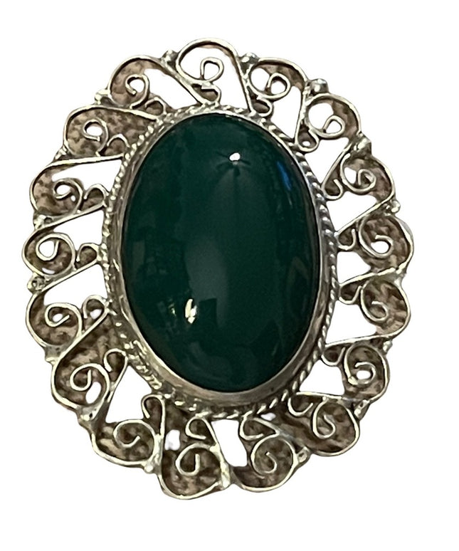 Vintage sterling silver agate pendant brooch oval filagree wire design