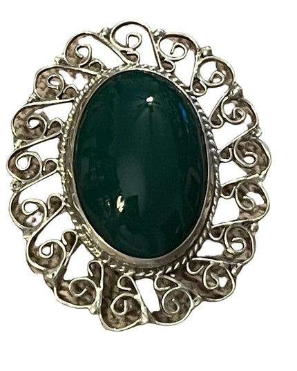 Vintage sterling silver agate pendant brooch oval filagree wire design