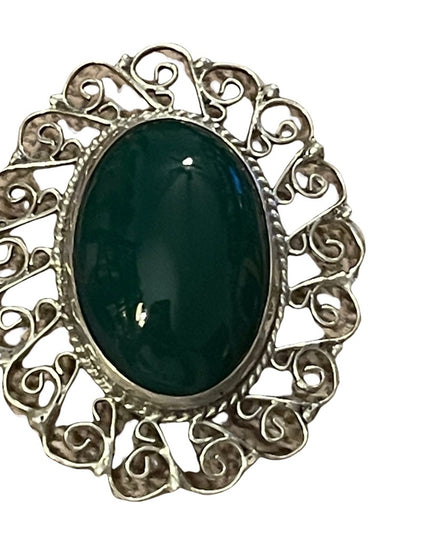 Vintage sterling silver agate pendant brooch oval filagree wire design