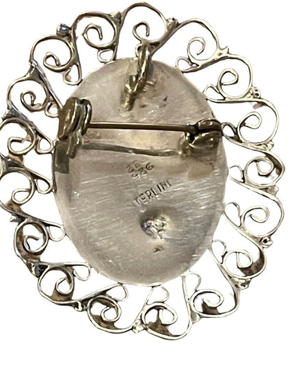 Vintage sterling silver agate pendant brooch oval filagree wire design