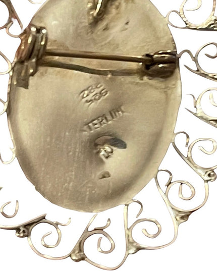 Vintage sterling silver agate pendant brooch oval filagree wire design