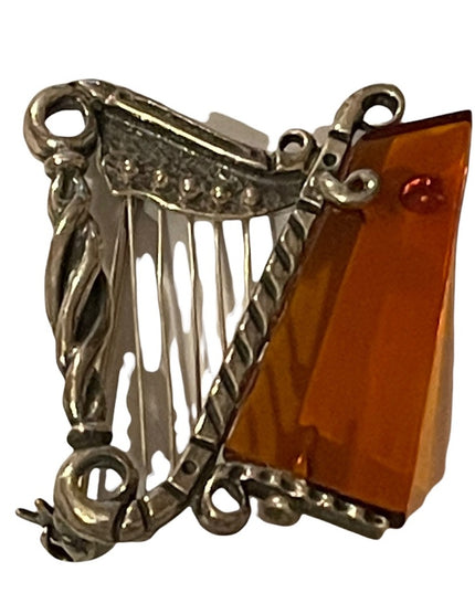 Antique silver & amber harp brooch celtic irish